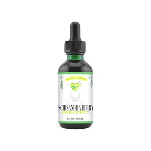 May include: A dark glass bottle with a black dropper top. The label reads "Organic Natural Schisandra Berry Herbal Extract". The bottle contains a dark liquid and is 2 fl oz (59.15 mL).