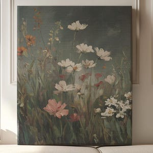 Wildflower Meadow Wall Art, Neutral Botanical Canvas Print, Nature Inspired Floral Decor Living Room Large Framed Painting