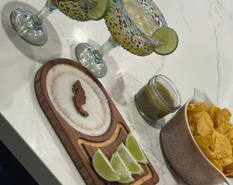 Salero y bandeja para limas para margaritas hechos a mano con diseño de México, artículos de bar de bambú