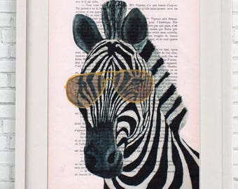 Zebra with rayban: Print Poster Illustration Acrylic Painting Animal Portrait,Wall Hanging Merry Everything,Happy Always,Joy Peace and Love