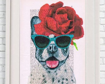 Frenchie Print, frenchie lover, frenchie art, frenchie painting, frenchie with flowers, frida kahlo, christmas gift, holiday gift