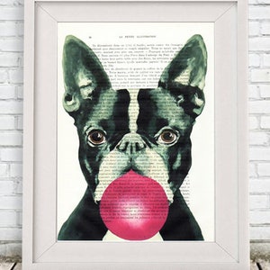 Obra de arte de Boston Terrier, chicle, impresión de libro, retrato de animal, animal humano, bulldog francés, arte de pared, decoración de pared, colgante de pared, Coco de Paris