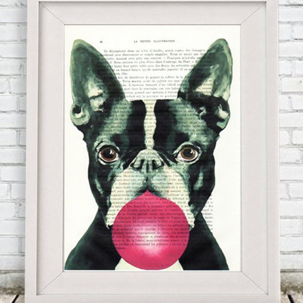 Boston Terrier chewinggum, Imprimée d’art, peinture animaux, chambre d’enfant, décoration animaux, cadeau d’art, imprimée vintage, abordable