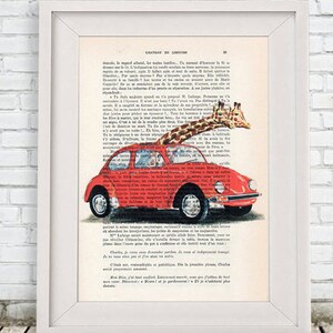 Giraffes in car, giraffe Print, Giraffes in vw, Wall Art Prints, Giraffe Art Print, Giraffe Decor, Christmast Gift, Wall Hanging, volkswagen image 3