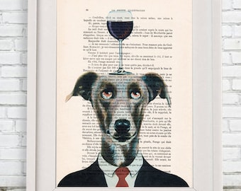 Greyhound Poster: Art Poster Digital Art Original Illustration Giclee, Greyhound Print, Wall Decor Animal Painting,Greyhound with wineglass