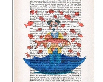 Jack Russel with big fish printed on real vintage paper from the twenties, original idea for wall decoration or birthday gift.