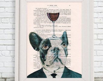 Bulldog Print: Art Poster Digital Art Original Illustration Giclee Print Wall Hanging Wall Decor Animal Painting,Bulldog with wineglass