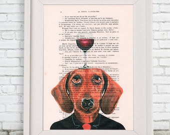 Daschund Print: Art Poster Digital Art Original Illustration Giclee Print Wall Hanging Wall Decor Animal Painting,Bulldog with wineglass