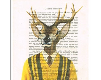 Monsieur Deer dans des vêtements des années 60, impression illustration peinture acrylique peinture animalier photo cerf art mural cerf illustration peinture vintage