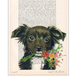 Doggy with flowers, Drawing, Dog Illustration, dog print, dog poster, mixed media, dog painting, wall hanging, Valentines, Christmas gift image 1