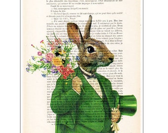 Green Rabbit, Merry Everything,Happy Always,Joy Peace and Love, Giclee Prints Posters Mixed Media Art Acrylic Painting, Rabbit image