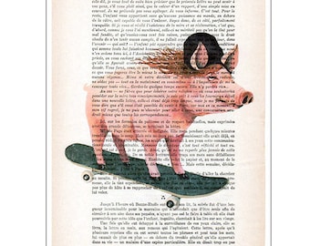 Pig skateboarding, skateboard poster, pig portrait,pig print, by Coco de Paris