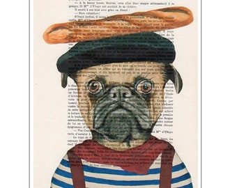 French Pug with French bread,original frenchie artwork from Coco de Paris