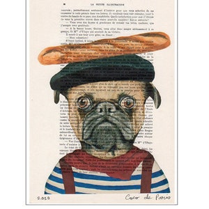 Carlin français avec baguette, Imprimée dart, peinture animaux, décoration animaux, cadeau dart, imprimée vintage, abordable image 1