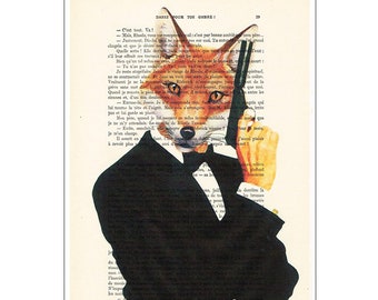 James Bond renard, Impression d’art, peinture animaux, décoration animaux, cadeau d’art, imprimée vintage, abordable