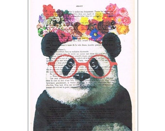 Panda with flowers Drawing Illustration Digital Print Mixed Media  Art Poster Acrylic Painting Holiday Decor Drawing Gifts