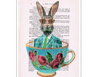 Rabbit in a cup,rabbit print,rabbit painting,rabbit deco,rabbit art,print,human animal,animal design,affortable art, coco de paris