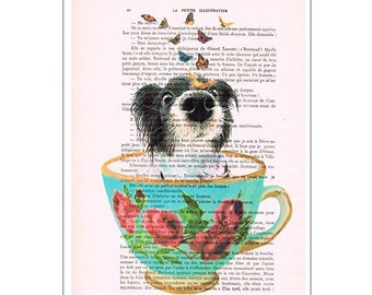 Doggy in a cup, butterflies,butterfly print, cup art, cup print,human animal,animal design,affortable art,free shipping, dalmatian kpop