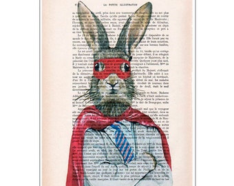Rabbit print hero bunny, original rabbit idea for wall decoration or birthday gift.
