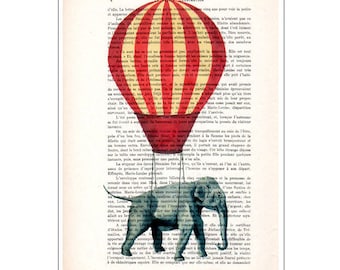 Whymsical Elephant Print, Hot Airballoon, Elephant illustration, Flying Elephant, Merry Everything,Happy Always,Joy Peace and Love