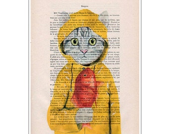 Cat with Goldfish, cat art, cat painting, cat print, kitty print, kitty art, art print,human animal, animal design, affortable art, cat art