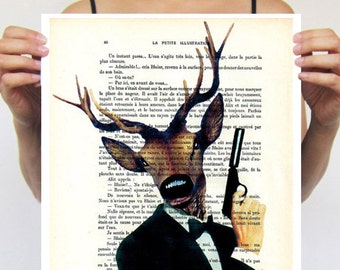 James Bond Deer Animal painting drawing illustration portrait painting mixed media digital print POSTER 11x16:  Mr Deer in red shirt