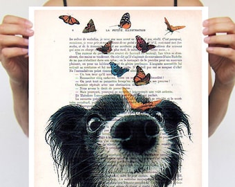 Animal painting drawing illustration portrait painting mixed media decorative art digital print dog POSTER 11x16: Doggy with butterflies