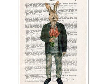 Rabbit with carrots, original rabbit print on vintage paper for wall decoration or birthday gift.