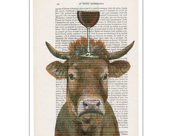 Vache avec verre de vin,  Imprimée d’art, peinture animaux, décoration animaux, cadeau d’art, imprimée vintage, abordable