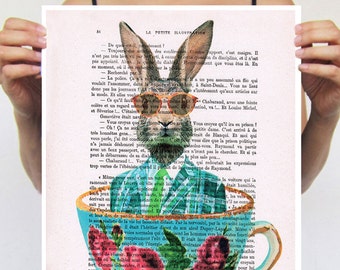 Rabbit Print, Bunny Print,Alice in Wonderland, Christmas Gift, Holiday Gift, Coco de Paris, POSTER 11x16:  Rabbit in a cup
