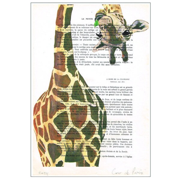 Girafe avec feuille,  Impression d’art, peinture animaux, décoration animaux, cadeau d’art, imprimée vintage, abordable