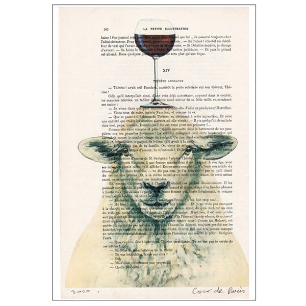 Mouton avec verre de vin,  Imprimée d’art, peinture animaux, décoration animaux, cadeau d’art, imprimée vintage, abordable