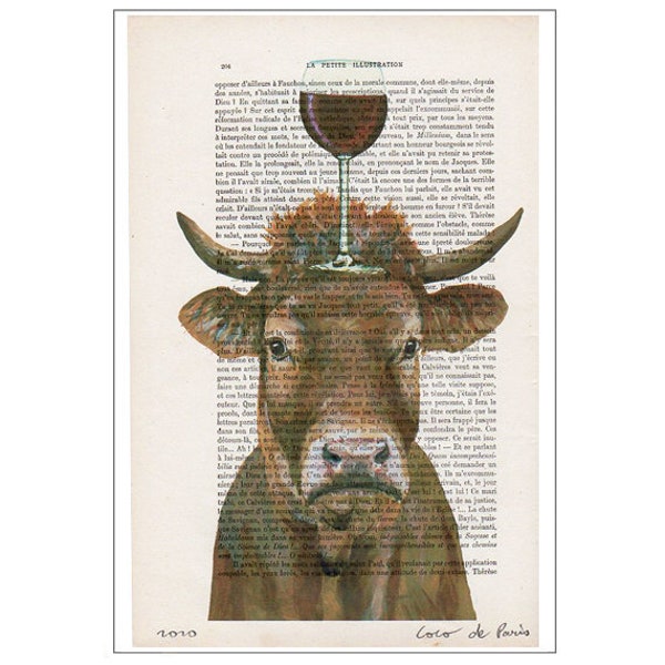 Vache avec verre de vin,  Imprimée d’art, peinture animaux, décoration animaux, cadeau d’art, imprimée vintage, abordable