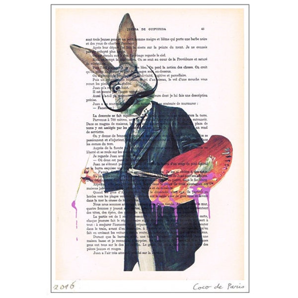 Salvador Dali rabbit,rabbit print, rabbit art, rabbit with sunglasses, bunny art,human animal, bunny print, affortable art, free shipping