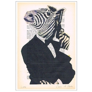 May include: A black and white zebra patterned illustration of a person wearing a black suit and a white bow tie. The image is on a page of a book with text in French. The text at the bottom of the image reads "Coco de Paris".