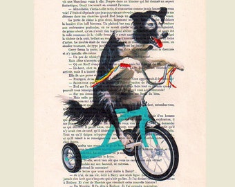 Digital Print Mixed Media Illustration Print Art Poster Acrylic Painting Holiday Decor Drawing Illustration Gift: Doggy Blue Bicycle