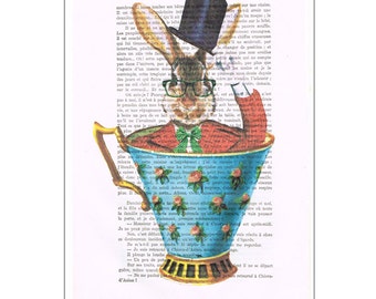 Rabbit painting, acrylic art, alice in wonderland, Animal Painting Picture Wall Art vintage, by painter Coco de Paris: rabbit in a cup