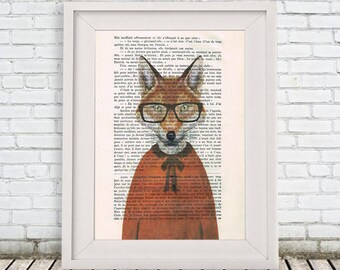 Clever Fox print w pomarańczowej koszulce, zwierzę i okulary, kujonowaty lis, prezent świąteczny, ilustracja lisa, coco de paris, portret zwierzęcia