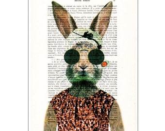 Vintage rabbit woman,rabbit print, rabbit art, rabbit with sunglasses, bunny art,human animal, bunny print, affortable art, free shipping