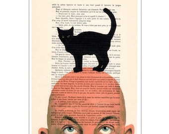 Black cat on bald head, cat lovers, preppy, original artwork from Coco de Paris, art, kitten