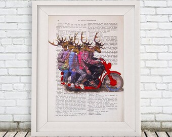 Deer Print, Deers on a motobike, Antler, Stag Artwork, A4 size, Gift for Men, Wall Art Prints, Deer Antlers, Christmas Deer