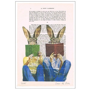 Rabbit Bunny Print Illustration Drawing, Digital Painting, wedding gift, Alice in Wonderland, book art, by Coco de Paris: Reading Rabbits image 1