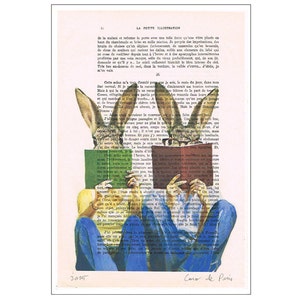 Rabbit Bunny Print Illustration Drawing, Digital Painting, wedding gift, Alice in Wonderland, book art, by Coco de Paris: Reading Rabbits