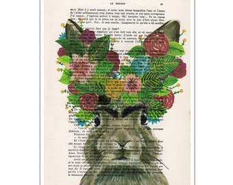 Frida Kahlo Rabbit, original rabbit print on vintage paper for wall decoration or birthday gift.