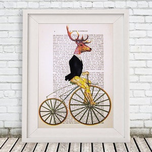 Happy Deer Painting, Deer on Retro Bicycle, Deer Antlers, Stag Head, Antler, Gouache Painting, Gift for Him, Antlers Painting, Deer Art image 1