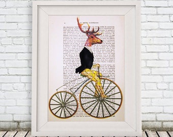 Happy Deer Painting, Deer on Retro Bicycle, Deer Antlers, Stag Head, Antler, Gouache Painting, Gift for Him, Antlers Painting, Deer Art