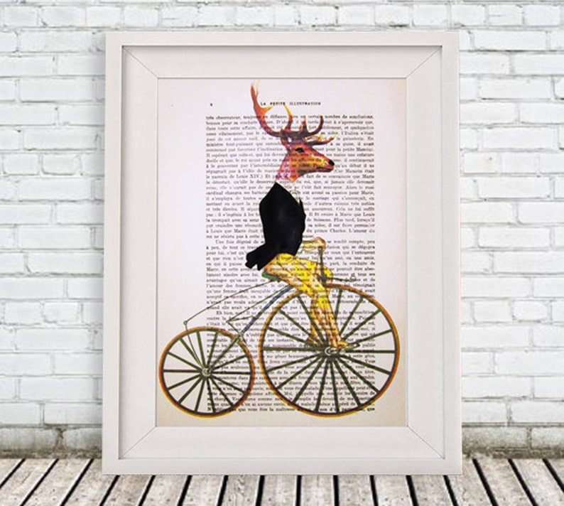 Happy Deer Painting, Deer on Retro Bicycle, Deer Antlers, Stag Head, Antler, Gouache Painting, Gift for Him, Antlers Painting, Deer Art image 1