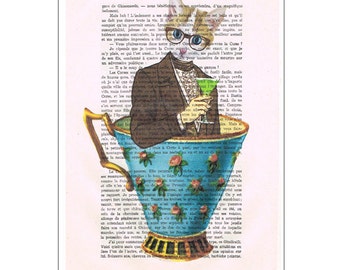 Cat Print Illustration Drawing, Digital Painting, wedding gift, Alice in Wonderland, gift for friend,by Coco de Paris: Cat in a cup