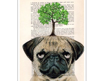 Pug with tree, save the planet, save the earth, original artwork from Coco de Paris for bear lovers, environment art