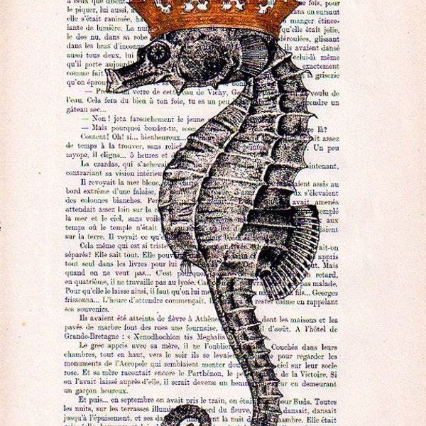 A Seahorse with golden crown,Original Illustration, Art Print, Art Poster, Hand Painting, Mixed Media,,wall art, kids art, decor,Ocean coco